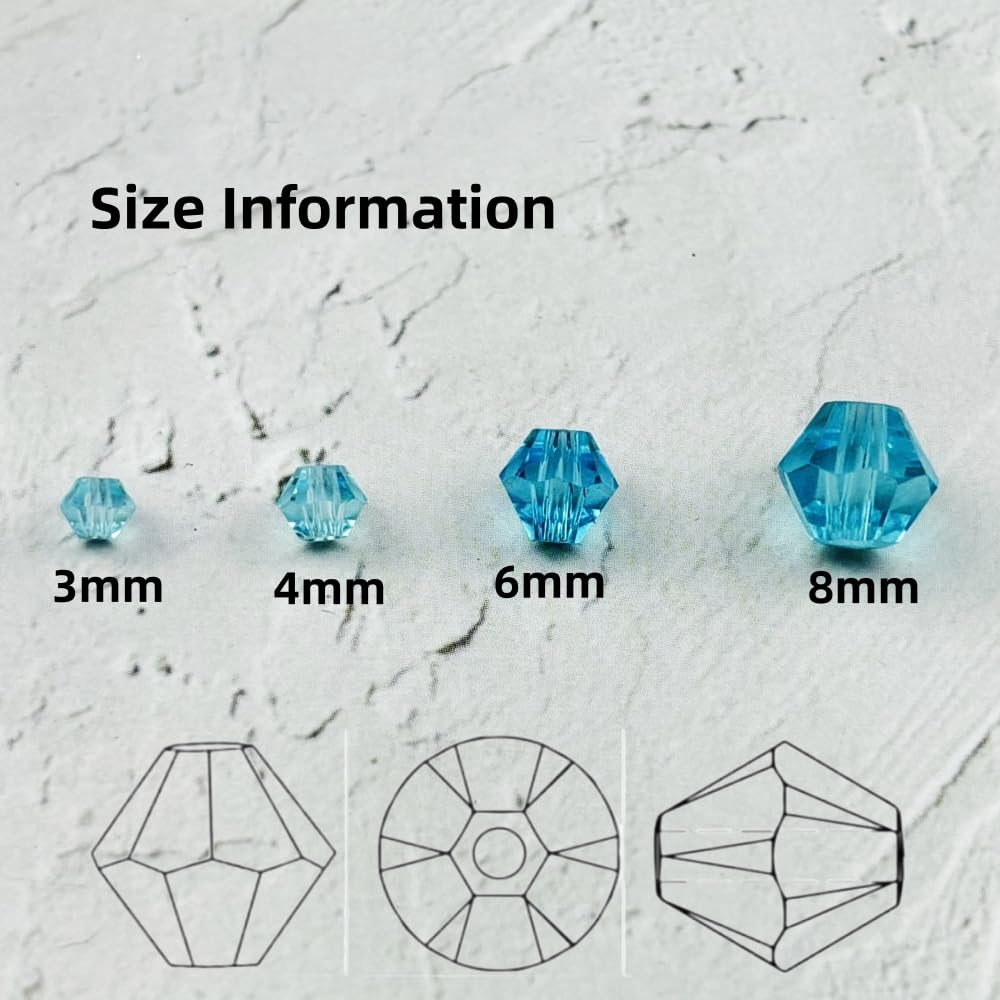 YUEXIGO 200pcs 6mm Bicone Glass Crystal Beads for Jewelry Making, Faceted Bicone Glass Spacer Beads for Bracelet Earring Necklace DIY Craft(Light Lake Blue)