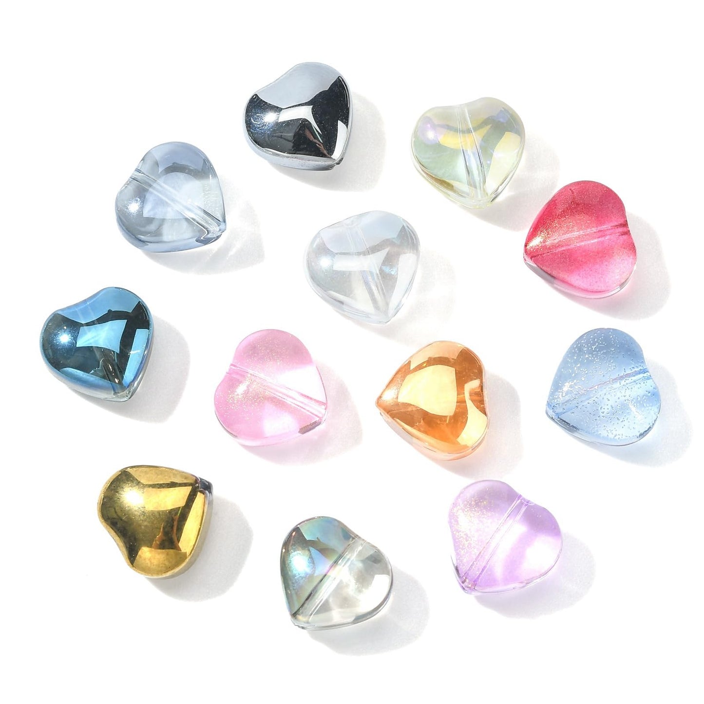 UR URlifehall 100 Pcs Heart Electroplate Transparent Glass Beads with Glitter Gold Colorful Heart Shaped Glass Beads for Keychain Jewelry Making