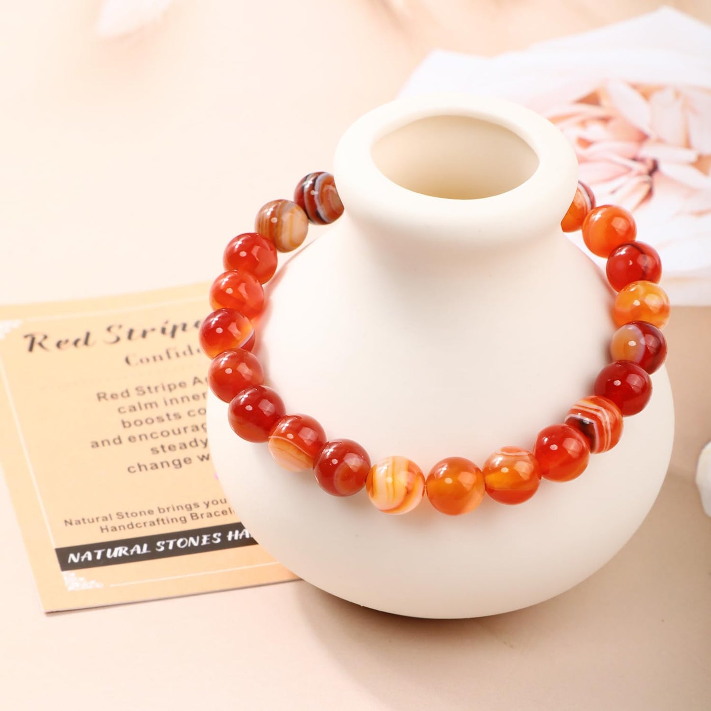 AD Beads 10mm Handmade Red Stripe Agate Elastic Bracelet – Natural Gemstone for Confidence – Meditation, Yoga, Healing and Energy Gift for Men Women