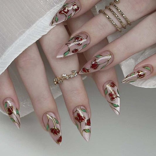 Almond Press On Nails Medium Fake Nails Flower With Gold Line Design Cute False Nails Full Cover Glossy Glitter Stick On Nail Acrylic Artificial Fingernails Reusable DIY Glue On Nails For Women 24pcs