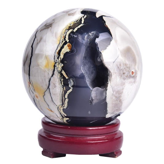 JIC Gem Volcanic Agate Crystal Sphere Large Quartz Crystal Ball with Stand Healing Ornament Witchcraft Meditation Decor 3.5-4 inch(90-100mm)