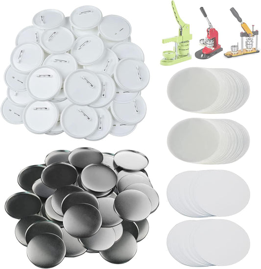 DCBADGE Button Maker Machine Parts of Blank Pin Back,Round Badge Making Supplies with Metal Cover&Plastic Button Back Cover&Clear Film&Blank Paper (White, 100 Sets pf 75mm)