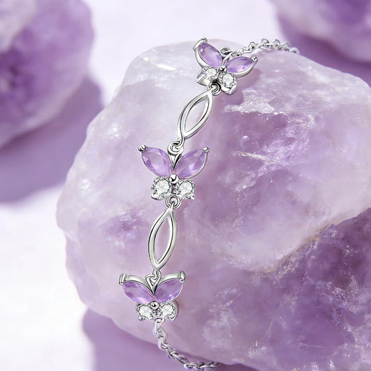 SUNCHIO Purple Bracelet 925 Sterling Silver Butterflies Link Bracelet Birthstone Jewelry Gifts for Women (Amethyst)