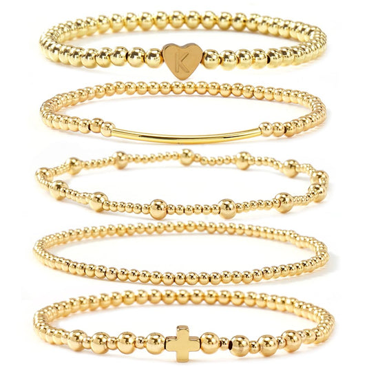 14K Gold Cross Beaded Initial Bracelet Stack for Women,Dainty Stretch Gold Plated Letter “K” Stackable Bracelets Bohemian Layered Prom Party Accessories Jewelry Gift Friendship
