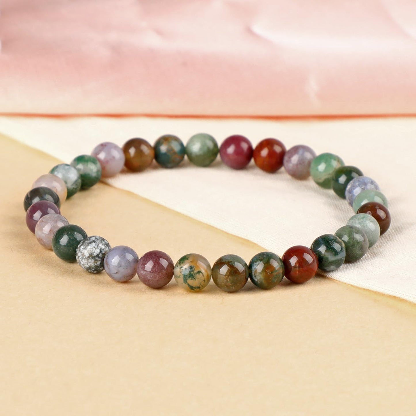 LPBeads Handmade Natural Gemstone Stretch Elastic 6mm Indian Agate Bracelet Healing Crystal Round Stone Beads Jewelry Gifts for Women Men