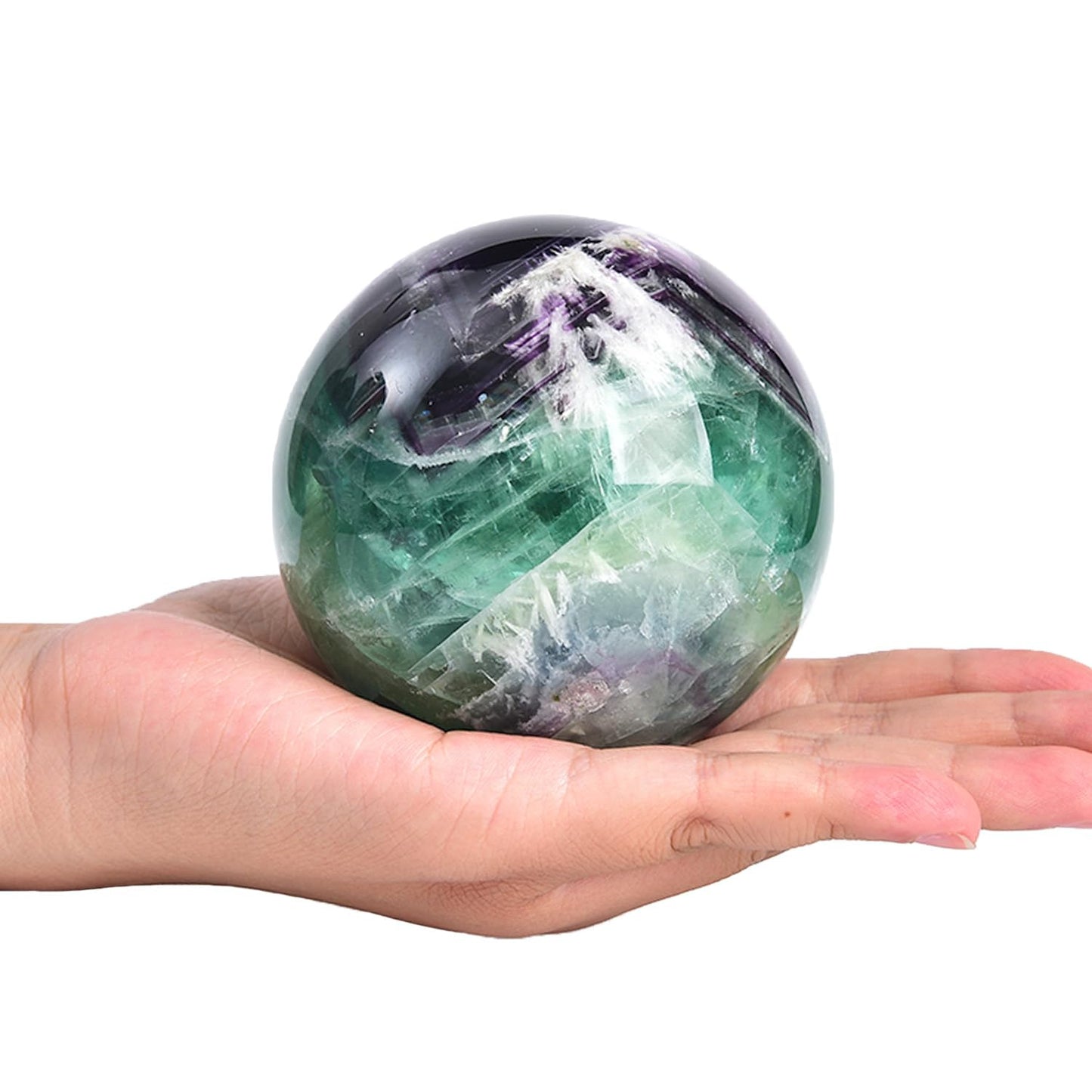 JIC Gem 3.1-3.5 inch(80-90mm) Large Crystal Ball Feather Fluorite Healing Crystals Sphere with Wooden Stand Meditation Home Decor