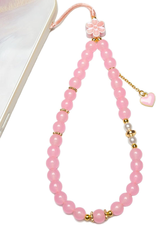 BoudlesCham Phone Charm Cute Pink Pearl Beaded Phone Wrist Strap for Women, Phone Charms Strap for iPhone Charm Strap