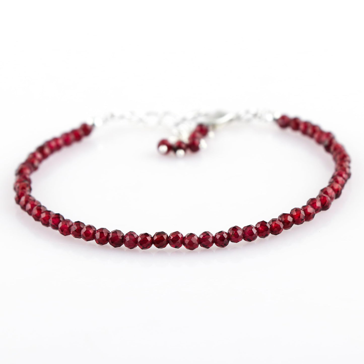 CRYSTALINES Natural Mozambique Garnet Gemstones Beads Bracelets, Round Beaded Jewelry, Handmade, Women Bracelet, January Birthstones, Silver Plated, Adjustable Chain, 8inch