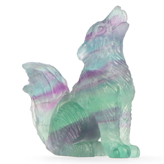 LEADGEM 2" Crystal Wolf Statue Decor Rainbow Fluorite Crystal Big Tail Wolf Figurine Healing Stones Statue Carved Wolve Sculpture Ornaments Wolves Figure with Gift Box
