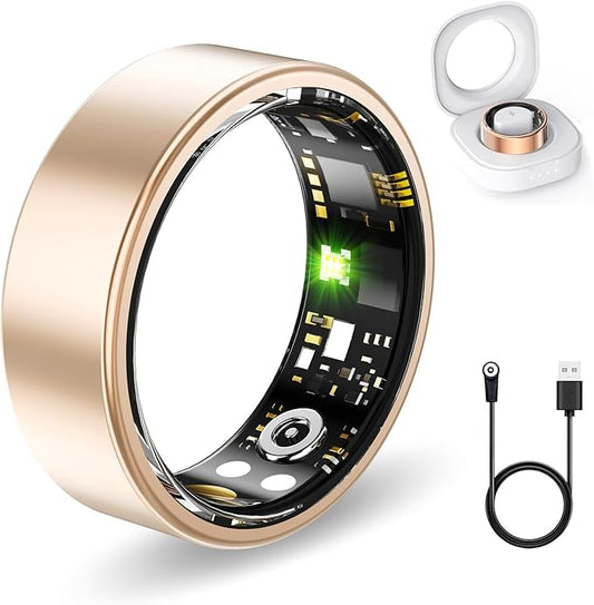 Smart Health Rings for Women Men, Fitness Tracker with Heart Rate, Blood Oxygen, HRV, Sleep Tracker, Step Tracker, No Subscription Fee, IP68 Waterproof Smart Ring for iphone & Android (Gold, 14#)