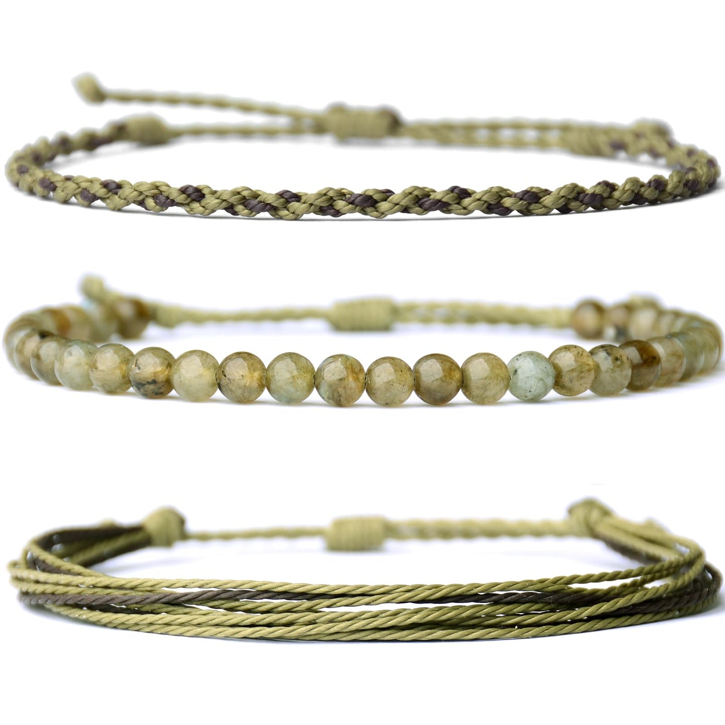Handmade Natural Stone Beaded Healing Bracelet Gift for Men Adjustable Rope String Bracelet (Green Labradorite, Adjustable)