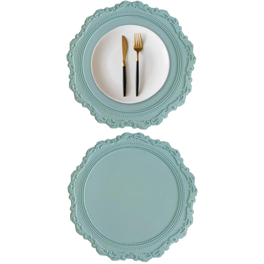 2 Pack Round Silicone Placemats Set, 13.38 Inch Diameter European Style Decorative Table Mats, Heat Resistant Waterproof Non-Slip Easy Clean Dish Mats for Dining Table & Kitchen Counter (Green)