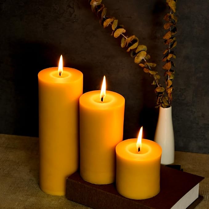 3PCS 3"x 6" Large Beeswax Pillar Candles, Made of Pure Natural Beeswax, with Ultra Long Burning Time and Low Allergenicity-Rawï¼?2H