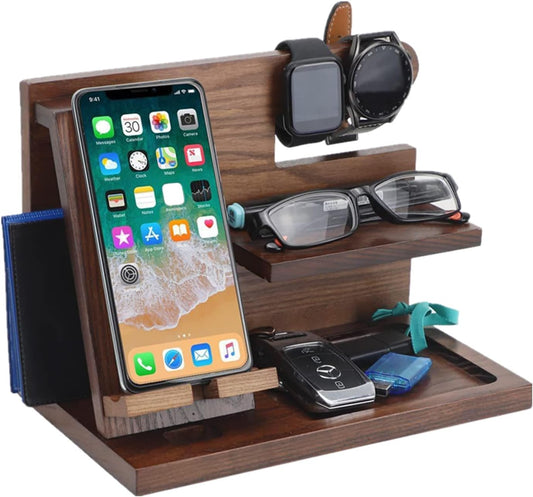 5-in-1 Wood Phone Docking Station, Desktop Organizer for Phone, Watch, Keys, Glasses & Office Supplies, Birthday Gifts