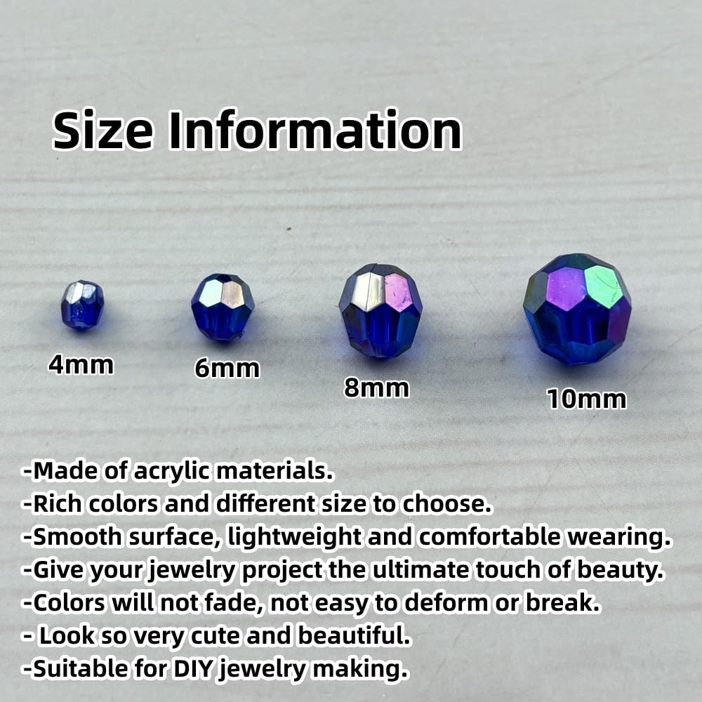 Pinhoollgo 1800pcs Acrylic Faceted Round Beads 4mm 6mm 8mm 10mm AB Colors Glossy Acrylic Round Spacer Beads with Hole for DIY Bracelet Necklace Jewelry Making Supplies Handmade Craft(Royal Blue AB)