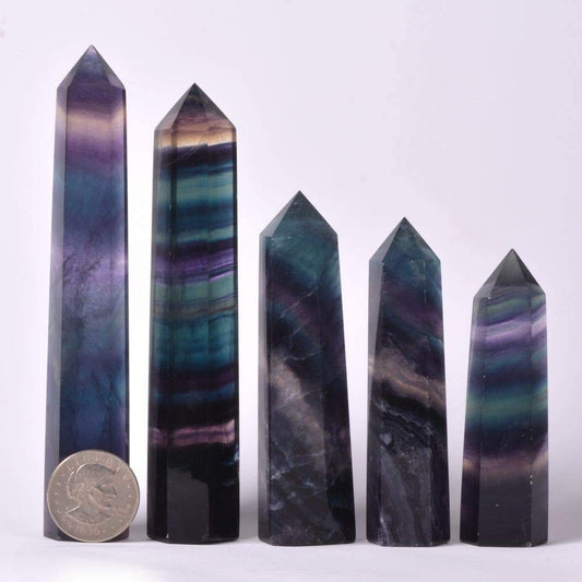 Angelstones Natural Rainbow Fluorite Gemstone Healing Crystal Hexagonal Pointed Reiki Chakra Faceted Prism Wand Carved Stone Figurine Home Decor