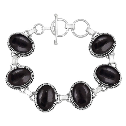 Natural Black Onyx Silver Plated Handmade Link Bracelet for Women - July Birthstone Oval Gemstone Adjustable Bracelet Vintage Style Jewelry - Wedding Christmas Gifts for Her