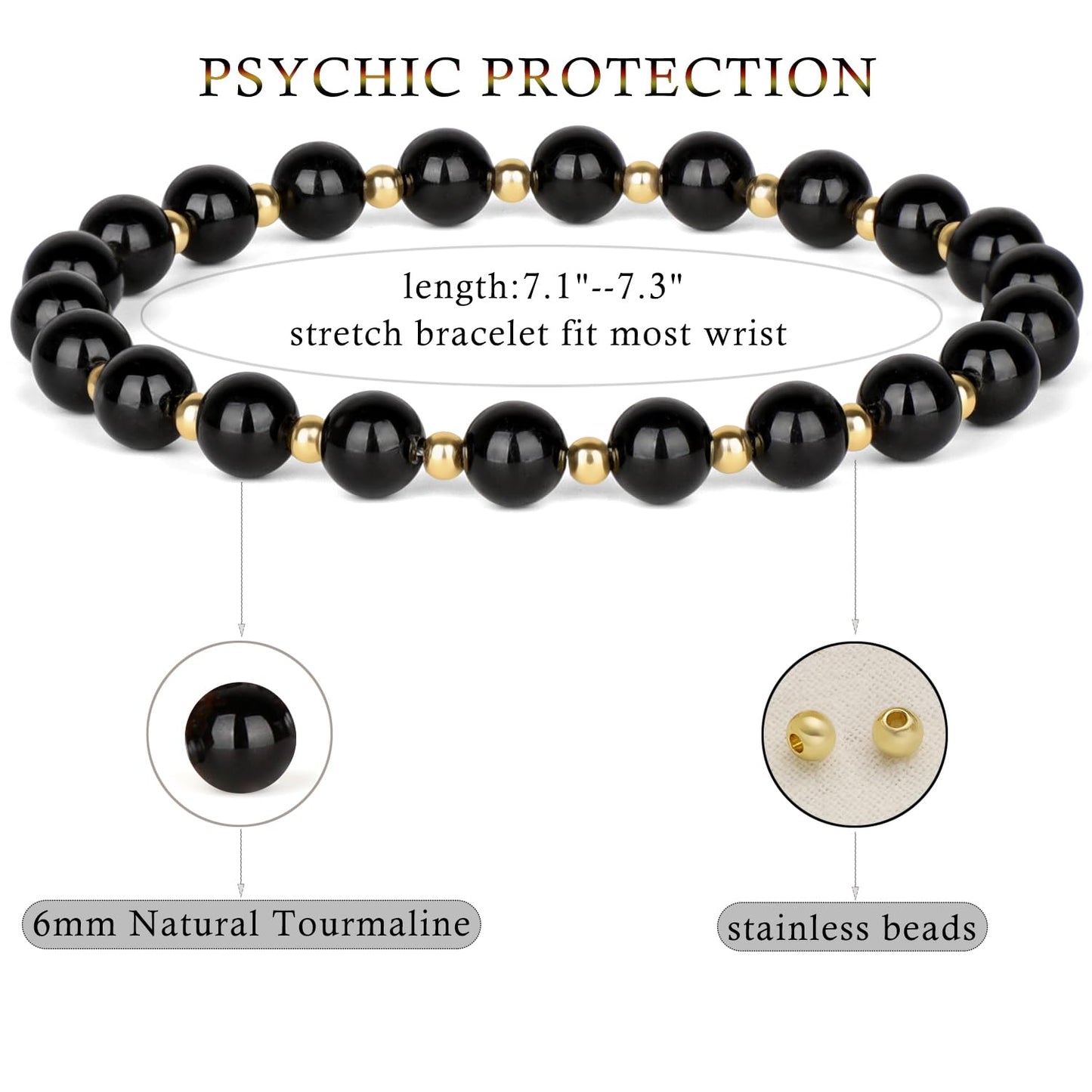 QOGIR Black Tourmaline - Psychic Protection - 14K Gold Plated Beads Natural Gemstone Stretch Elastic Dainty Healing Beaded Bracelets Gifts 6mm