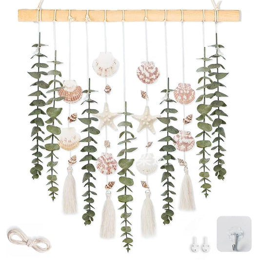 Artificial Eucalyptus Wall Hanging Decor, with Wooden Stick,Chic Boho Rustic Home wall Art Decor for Bathroom Bedroom Office Living Room (Artificial Eucalyptus Cream Tassels with Shells)
