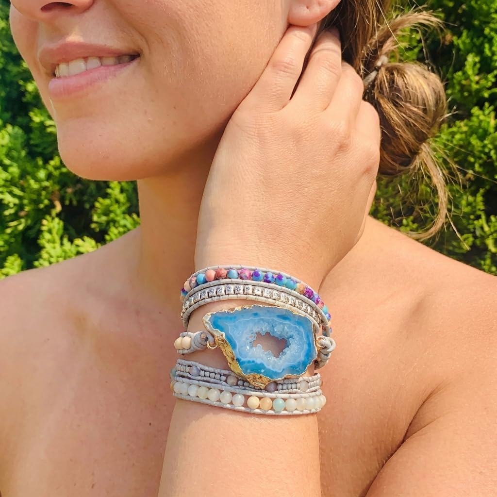 YGLINE Wrap Natural Stones Leather Wrap Around Stone Bracelet 5 Layer Natural Agate Beaded Leather Bohemian Tribal Bracelet