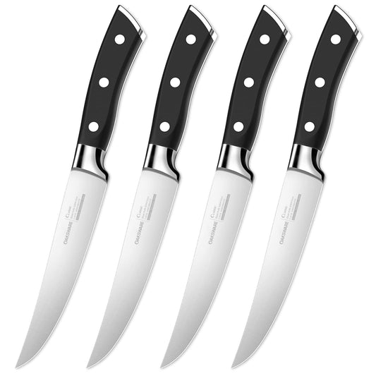 OAKSWARE Steak Knives, Non Serrated Steak Knife Set of 4, German Steel Steak Knife Set 5 Inch, 4 Pieces Professional Straight Edge Knives - Full Tang Ergonomic Handle