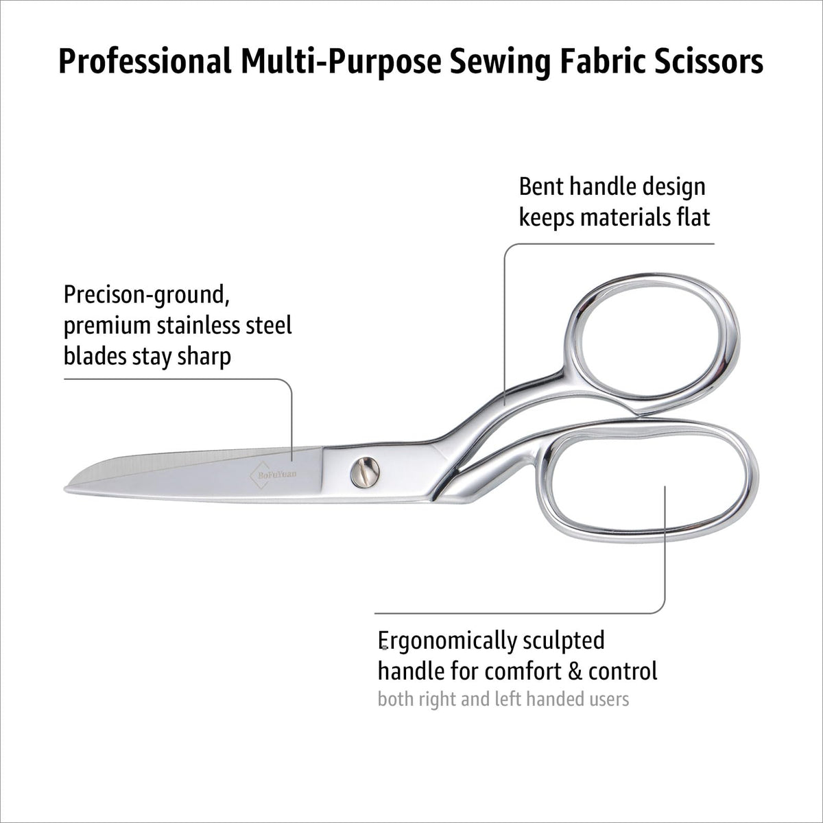 BoFuYuan Professional Stainless Steel Fabric Scissors, 8-Inch Heavy Duty MultiPurpose Tailor Sewing Scissors for Fabric Cutting, Leather, Craft, Sharp Precision Shears Blades, Ergonomic Comfort Grip