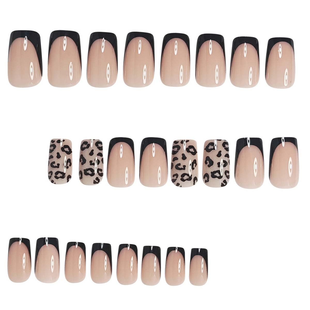 LINMEIZAI Leopard Press on Nails Short Square, Black French Tip Fake Nails Glue on Nails Fake Nails Press ons Cute Glossy Acrylic Nail Kit for Women Girls, False Nails Manicure 24 Pcs