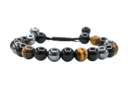 Amazing Gemstone Triple Protection Bracelet - Hematite Black Obsidian Tiger Eye Bracelet Set for Men Women Healing Calming Anxiety Stress Relief Gifts (Adjustable)