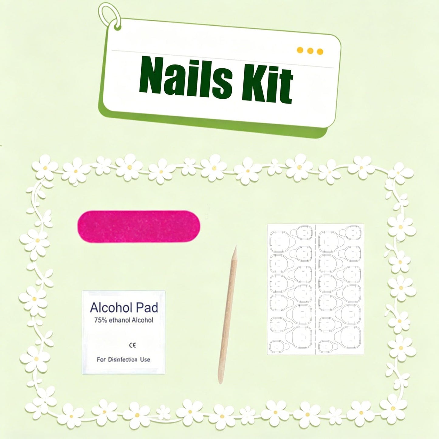 French Tip Press on Nails Short Square - Fake Nails Press ons with Gold Foil & Daisy Flower Design Manicure Set, Light Pink Full Cover Glue on Nail for Women Wedding & Casual Occasions