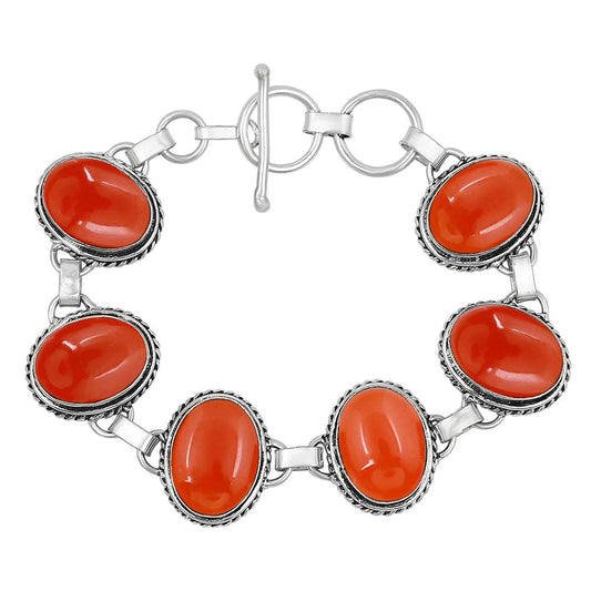 Natural Carnelian Silver Plated Handmade Link Bracelet for Women - July Birthstone Oval Gemstone Adjustable Bracelet Vintage Style Jewelry - Wedding Christmas Gifts for Her