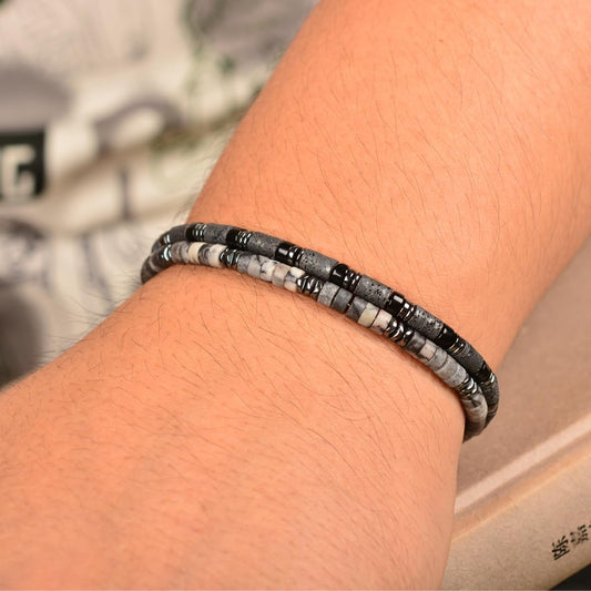 Casvia Men's Hematite & Black Grid Stone Beaded Bracelet, Adjustable Stainless Steel, Thickened Steel Wire Handmade Original Rugged Jewelry, Birthday Gift for Dad & Boyfriend