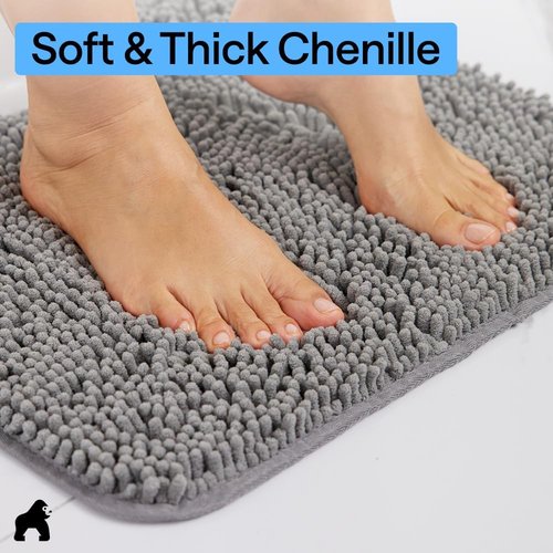 GORILLA GRIP Bath Rug Mat - Thick Soft Chenille | Quick Dry Microfiber, 30x20, Grey Washable Bathroom Accessory