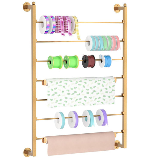 Ribbon Organizer, 7 Tier Wall Mounted Metal Holder ,Holiday/Birthday Gift Wrapping Organizer Storage Ribbon Storage Rack for Craft Cake Shop Flower Store,Tie Scarf Rack Belt Towel Holder(Gold)