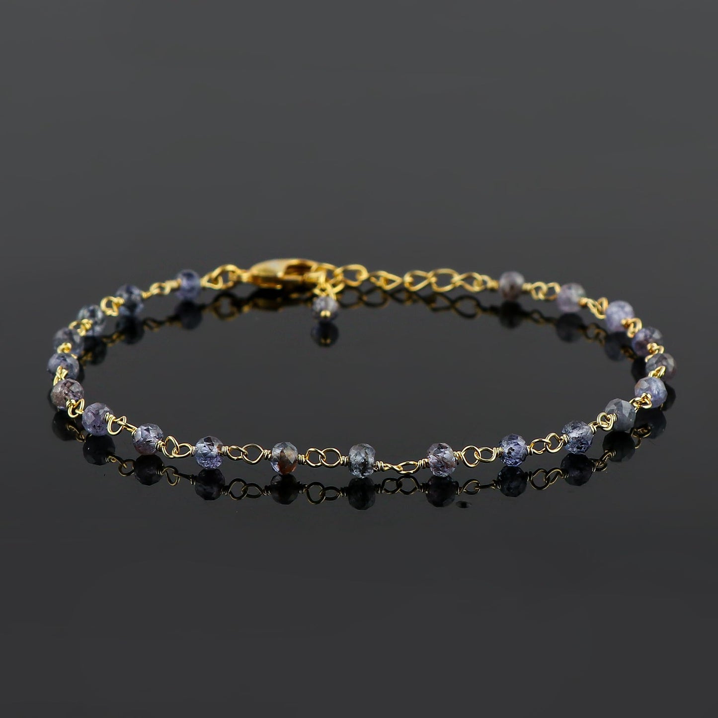 CRYSTALINES Natural Blue Iolite Gemstone Cluster Bracelet, 14K Gold Plated Rosary Chain, Handmade Bohemian Jewelry, Healing Crystals Beads & Stones, Gift for Women (Approx. 7+1inch)