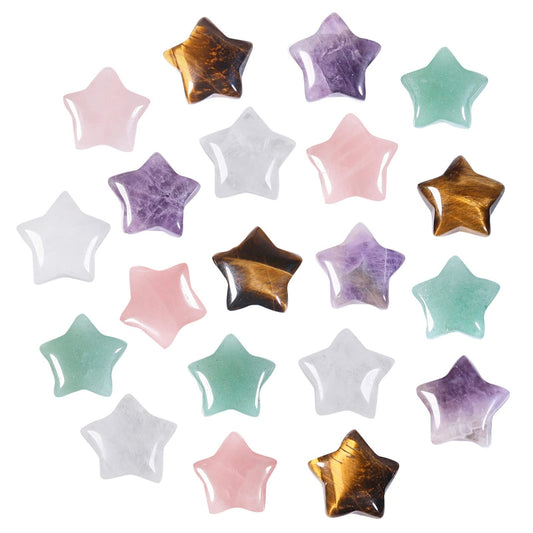 SUNYIK Pack of 20 Mini Star Crystal Pocket Stone, Healing Crystal Worry Stone for Reiki Meditation Anxiety Stress Jewelry Making, Amethyst/Rose Quartz/Rock Quartz/Tiger’s Eye/Green Aventurine
