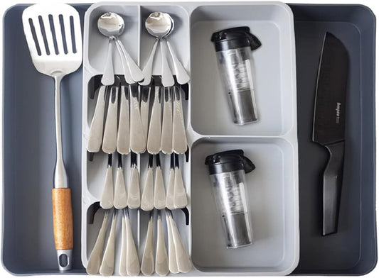 Skiennix Expandable Cutlery Drawer Organizer - Adjustable Plastic Utensil Tray for Forks, Spoons & Knives - Large Grey