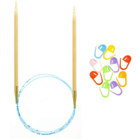 addi Natura Bamboo 60 inch (150cm) US 13 (9.0mm) Circular Knitting Needle, Lightweight, Warm Touch, Standard Tips, Smooth Joins, Blue Pliable Cord with 10 Colorful Stitch Markers