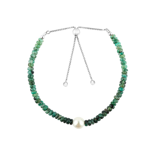 CRYSTALINES Natural Shaded Emerald Gemstones Bolo Bracelet With Pearl, High Grade Stones, Handmade Jewelry, Healing Crystals, Silver Plated Adjustable Slider, Birthday Mothers Day Gift for Women