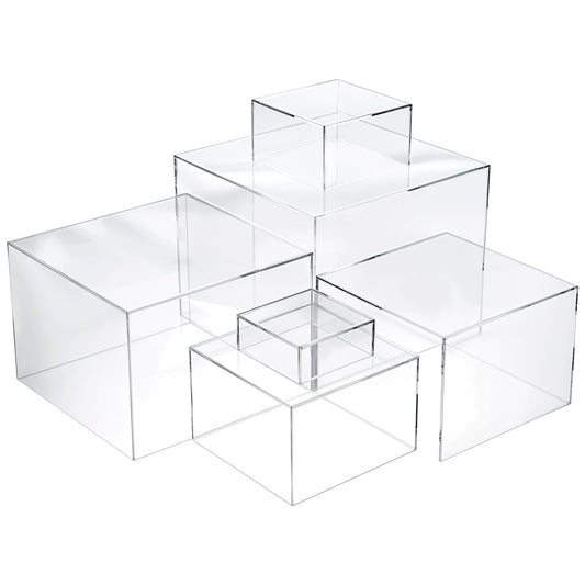 6 Pcs Acrylic Risers for Display Clear Risers Display Stands with Hollow Bottoms 5 Sided Acrylic Cube Boxes Square Nesting Cubes Decorative Stand Shelf for Food Dessert Jewelry Figures Decor 6 Sizes