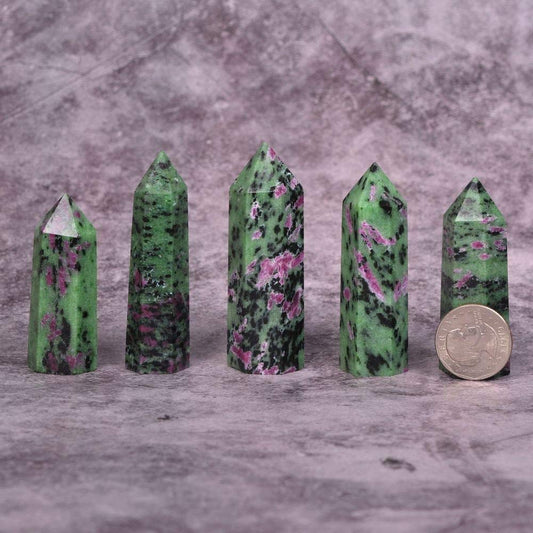 Angelstones Natural Green Ruby Zoisite Gemstone Healing Crystal Hexagonal Pointed Reiki Chakra Faceted Prism Wand Carved Stone Figurine Home Decor