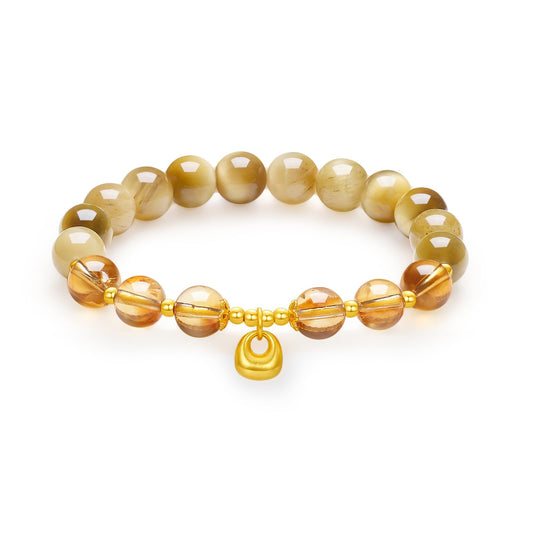 ZHOU LIU FU Sterling Silver Bracelets Silver Natural Healing Yellow Stones Bracelet Lock Pendant Charm Beads Stretch Bracelet for Women Mom Her Anniversary Birthday 6.7"/17CM J1915868