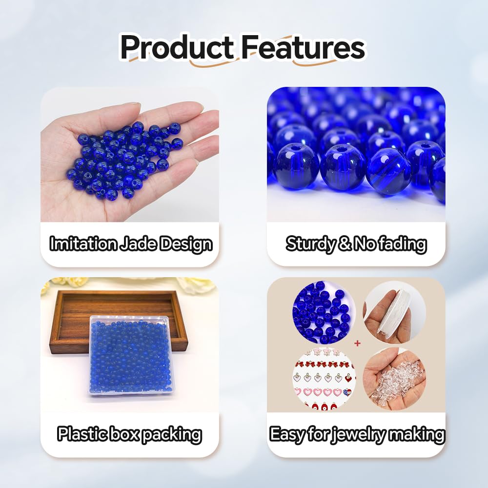 PAMIR TONG 400pcs 8mm Round Glass Beads for Bracelet Pretty Smooth Loose Beads for Necklace-Earring-Jewelry Making and DIY Crafts (Royal Blue)