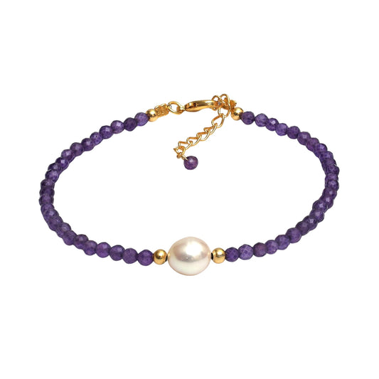 Gempires Amethyst Beaded Bracelet with Pearl Choker Crystal Jewelry Lightweight February Birthstone Gifts Hypoallergenic 7.5 Inch Gold Plated Trendy Fashion Everyday Wear Jewelry