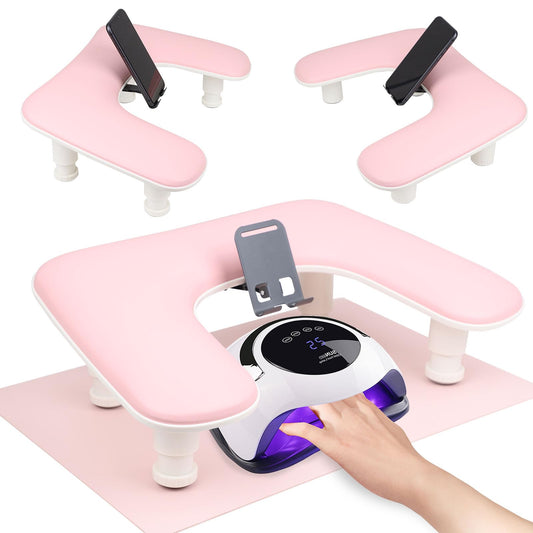 Arm Rest for Nails Tech with Nail Table Mat and Phone Holder,Adjustable Base U-shaped Manicure Nail Hand Rest Stand Pillow Cushion(Pink)