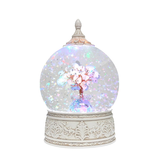 Aquamarine Healing Crystal Tree Globe with Colorful Lights and Sparkling Glitter, Natural Gemstone Base, Spiritual Meditation, Positive Energy Good Luck, Home Decor, Birthday Gifts (Aquamarine)