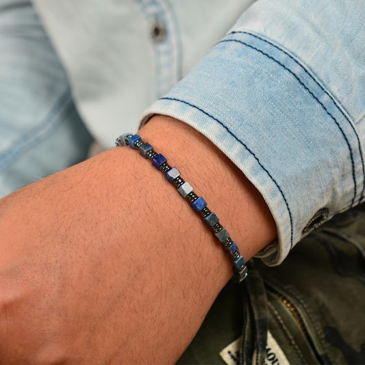 Casvia Men's Lapis Lazuli & Hematite Beaded Bracelet, Handmade Adjustable Stainless Steel Chain, Chakra Jewelry Gift for Dad, Husband, Boyfriend | Hematite Stone Bracelet