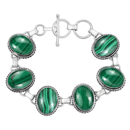 Natural Malachite Silver Plated Handmade Link Bracelet for Women - April Birthstone Oval Gemstone Adjustable Bracelet Vintage Style Bohemian Jewelry - Gifts for Mom Wife Sister Her
