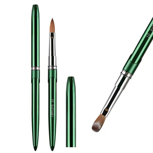 100% Kolinsky Nail Art Brushes Acrylic Nail Brushes Pure Kolinsky Hair Acrylic Crystal Chrome Green Handle with Silver Ferrule Round Shaped for Women Girls Manicure Tools Accessories-Size 10