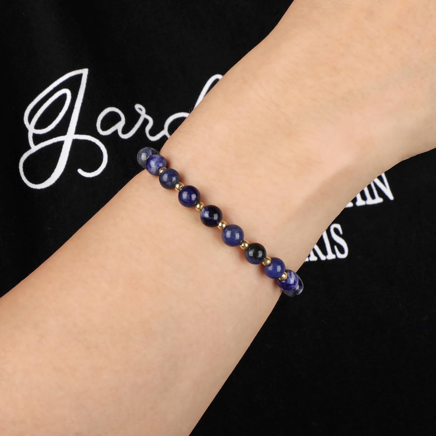 QOGIR Blue Sodalite - Self Confidence - 14K Gold Plated Beads Natural Gemstone Stretch Elastic Dainty Healing Beaded Bracelets Gifts 6mm