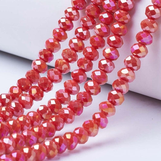 10 Strands Briolette Faceted Rondelle Glass Beads 4x3mm Red AB Color Opaque Glass Tiny Spacer Beads 1300pcs for Bracelets Jewelry Making